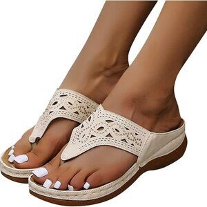 Women's Tan Wedge Wide Fit Slip on Sandals - size 8